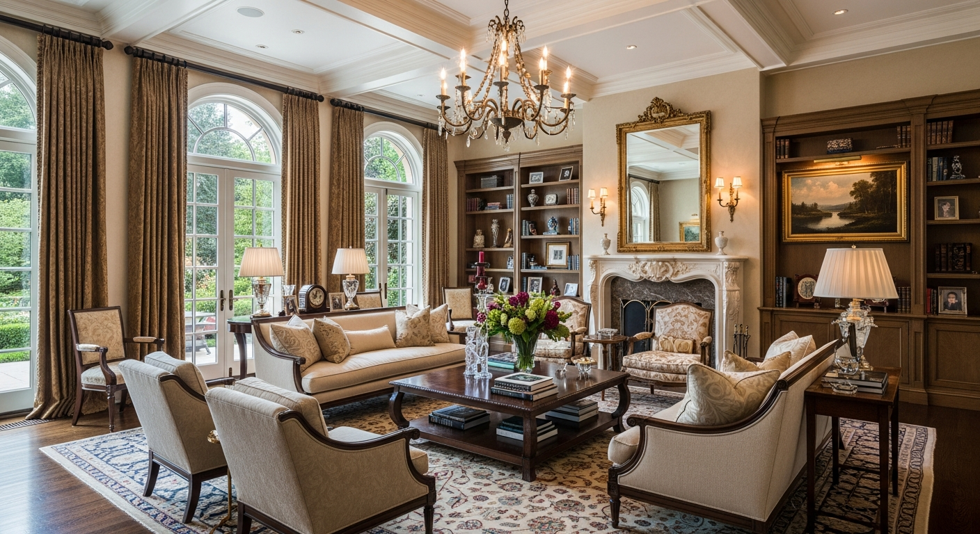 Grand Denver estate interior with a formal luxury living room, high ceilings, and refined furnishings